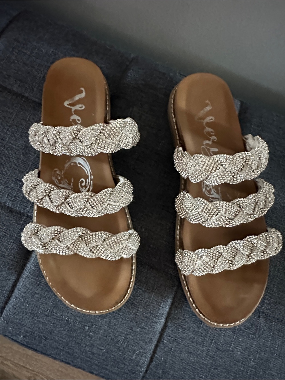 Very G Braided Beaded Triple-Strap Slide Sandals - Silver